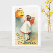 Oude halloween, meisje & Jack-o'-lantaarn Kaart (Gele Bloem)