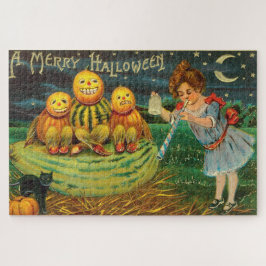 Oude Halloween-meisje met pompoenen Legpuzzel