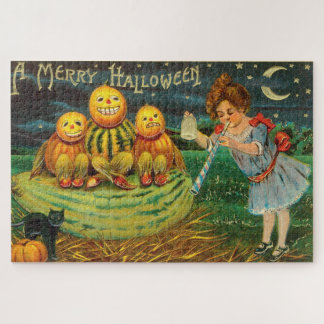 Oude Halloween-meisje met pompoenen Legpuzzel
