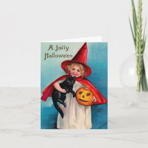 Oude Halloween-meisje met zwarte kat-kaart Kaart