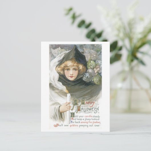 Oude halloween, meisje ontmoet Goblins Briefkaart (Staand voorkant)