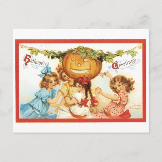 Oude halloween, meisjes met pompoen briefkaart (Voorkant)