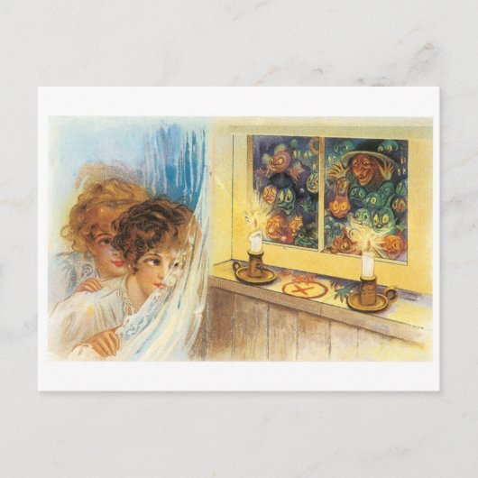 Oude Halloween, meisjes ontmoeten heks Briefkaart (Voorkant)