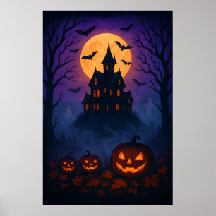 Oude Halloween Nacht met Volle Maan en Vleermuizen Poster