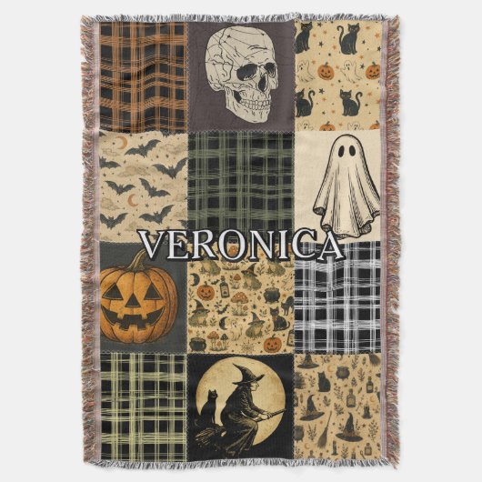Oude Halloween Patchwork Herfst Gebreide Deken met (Voorkant Verticaal)