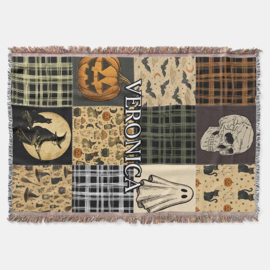 Oude Halloween Patchwork Herfst Gebreide Deken met (Voorkant)