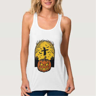 Oude Halloween Pompoen Maan Vogelverschrikker Kuns Tanktop