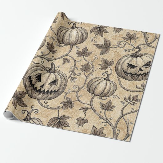 Oude Halloween Pompoen Wingerdpatroon Cadeaupapier (Uitgerold)