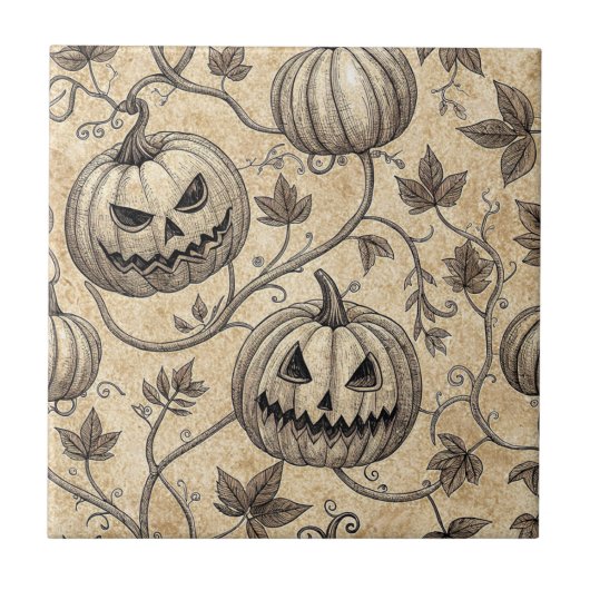 Oude Halloween Pompoen Wingerdpatroon Tegeltje (Voorkant)