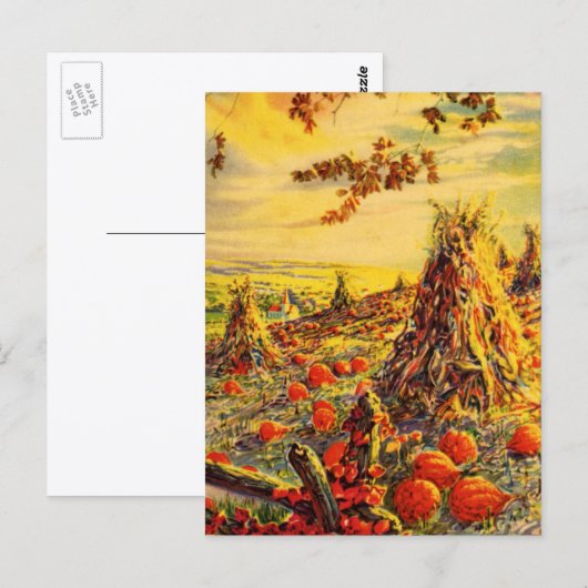Oude Halloween pompoenveld met hooibergen Briefkaart (Voorkant / Achterkant)