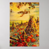 Oude Halloween pompoenveld met hooibergen Poster (Voorkant)