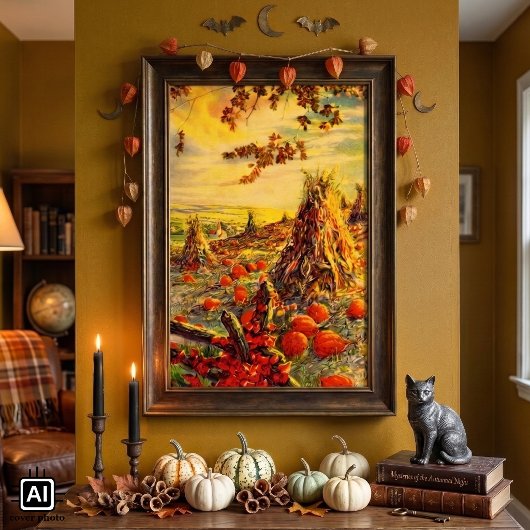 Oude Halloween pompoenveld met hooibergen Poster