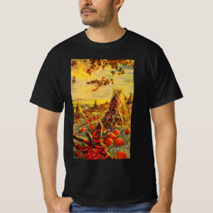 Oude Halloween pompoenveld met hooibergen T-shirt