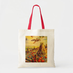 Oude Halloween pompoenveld met hooibergen Tote Bag