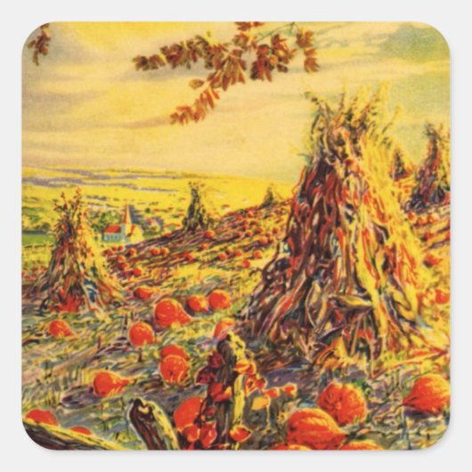 Oude Halloween pompoenveld met hooibergen Vierkante Sticker (Voorkant)