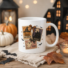 Oude Halloween-postzegelcollage Grote Koffiekop