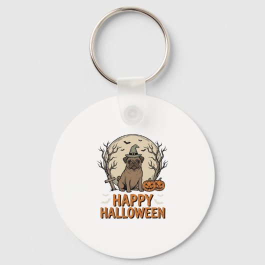 Oude Halloween Pug Hond Heksenhoed Shirt Ontwerp_1 Sleutelhanger (Voorkant)