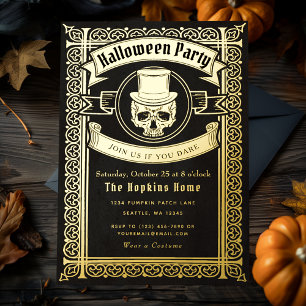 Oude Halloween-schedel met hoed feestuitnodiging Folie Uitnodiging