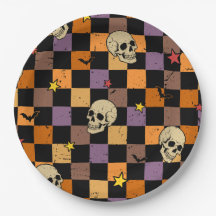 Oude Halloween-schedels en geblokte vleermuizen