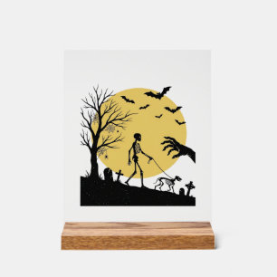 Oude Halloween Skelet Hond Maan Vector Design_ Acryl Bord