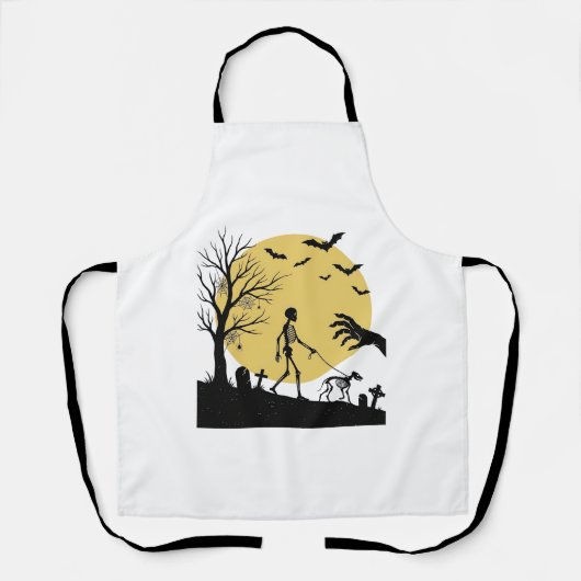 Oude Halloween Skelet Hond Maan Vector Design_ Schort (Voorkant)