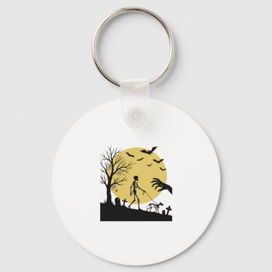 Oude Halloween Skelet Hond Maan Vector Design_ Sleutelhanger (Voorkant)
