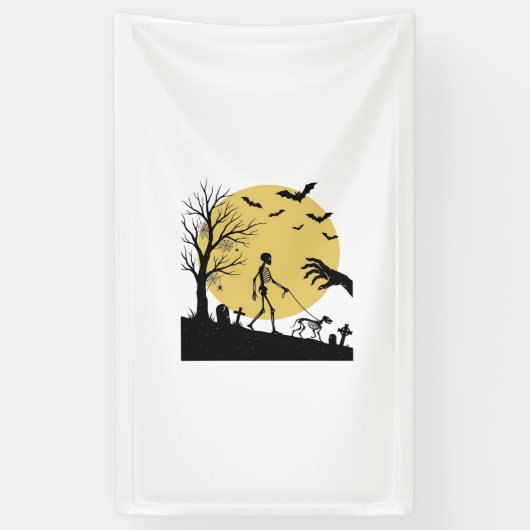 Oude Halloween Skelet Hond Maan Vector Design_ Spandoek (Verticaal)