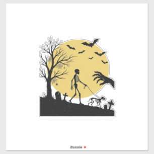 Oude Halloween Skelet Hond Maan Vector Design_ Sticker