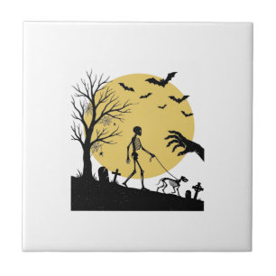 Oude Halloween Skelet Hond Maan Vector Design_ Tegeltje