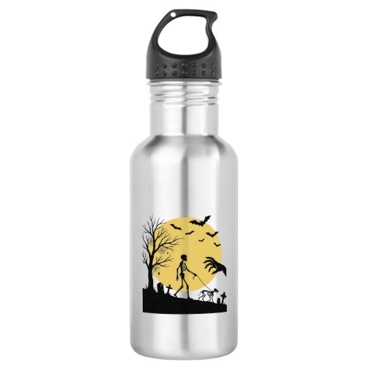 Oude Halloween Skelet Hond Maan Vector Design_ Waterfles (Voorkant)