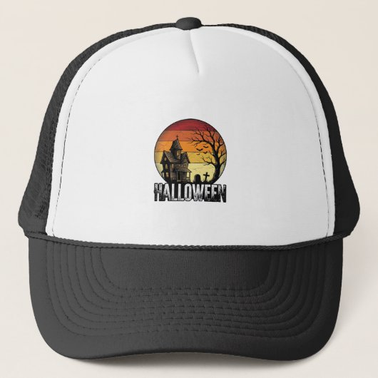 Oude Halloween Spoken Huis Zonsondergang Vector Ku Trucker Pet (Voorkant)