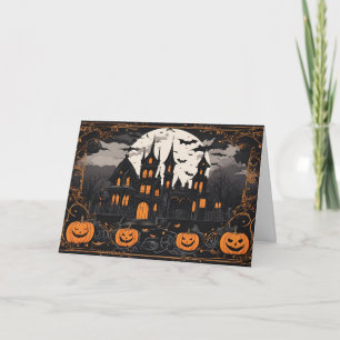 Oude Halloween spookhuis en pompoenen Feestdagen Kaart