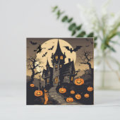 Oude Halloween-spookhuis, pompoenen, vleermuizen Feestdagenkaart (Staand voorkant)