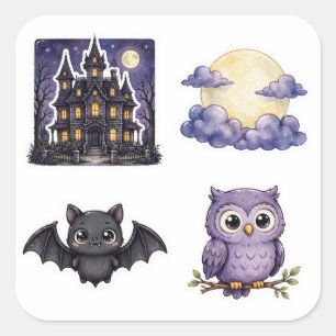Oude Halloween-stickers 4-pack Spookhuis Vierkante Sticker
