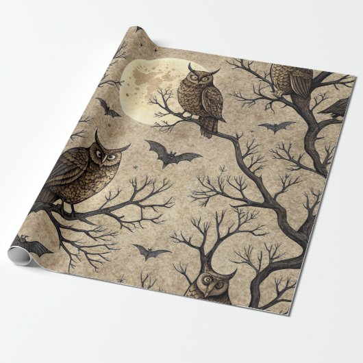 Oude Halloween-uilen & Maan Cadeaupapier (Uitgerold)