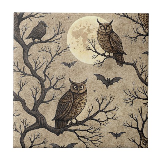 Oude Halloween-uilen & Maan Tegeltje (Voorkant)