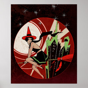 Oude Halloween-vliegende heks-kunstposter Poster