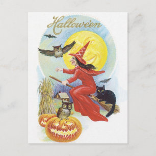 Oude Halloween, Vliegende Heks met een Zwarte Kat Briefkaart