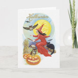 Oude Halloween, Vliegende Heks met een Zwarte Kat Kaart
