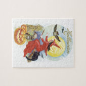 Oude Halloween, Vliegende Heks met een Zwarte Kat Legpuzzel (Horizontaal)