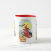 Oude Halloween, Vliegende Heks met een Zwarte Kat Mok (Midden)