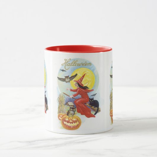 Oude Halloween, Vliegende Heks met een Zwarte Kat Mok (Midden)
