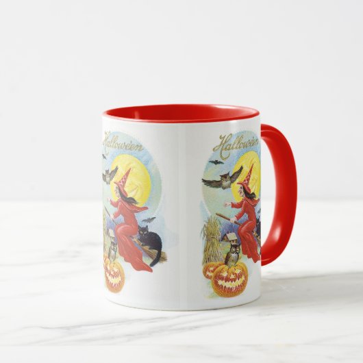 Oude Halloween, Vliegende Heks met een Zwarte Kat Mok (Voorkant rechts)