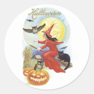 Oude Halloween, Vliegende Heks met een Zwarte Kat Ronde Sticker
