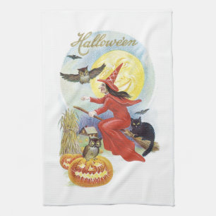 Oude Halloween, Vliegende Heks met een Zwarte Kat Theedoek
