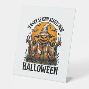 Oude Halloween Vogelverschrikker Pompoen Heks T-sh Reclamebord Met Voetstuk