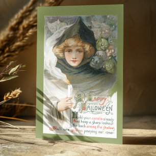 Oude Halloween-vrouw met schedels ansichtkaart Feestdagenkaart