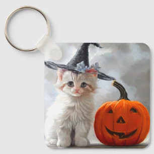 Oude Halloween witte kat en Jack-o'-lantern Sleutelhanger