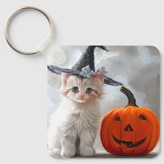 Oude Halloween witte kat en Jack-o'-lantern Sleutelhanger (Voorkant)