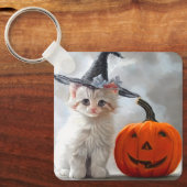 Oude Halloween witte kat en Jack-o'-lantern Sleutelhanger (Voorkant)
